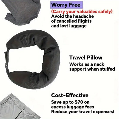 1 Piece Travel Neck Pillow with Clothes Stuff 3-In-1 Neck Travel Pillow to Avoid Extra Baggage Fees Travel Essentials